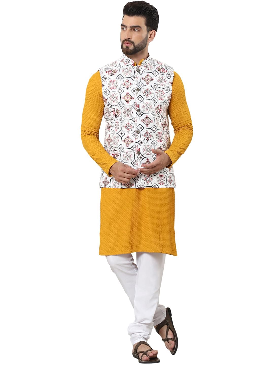 SOJANYA (Since 1958 Men's Pure Cotton Mustard Kurta and White Pyjama with Printed Cream Nehru Jacket