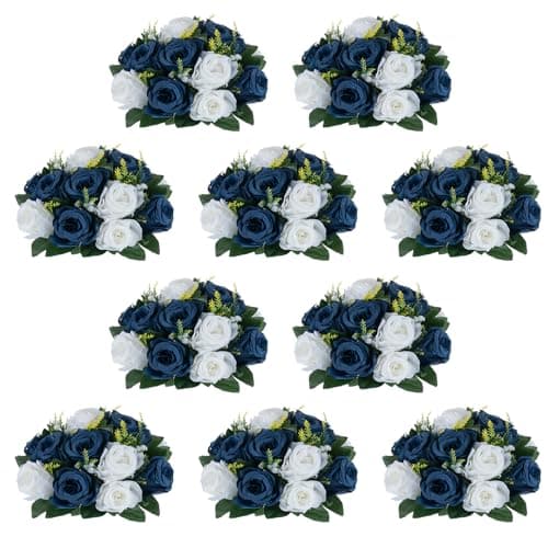 NUPTIO Artificial Flower Centrepieces for Tables - 10 Pcs Navy Blue & White Fake Flowers Roses Balls 9.5in Diameter - Silk Faux Rose Arrangement for Wedding Party Centerpiece Table Decorations