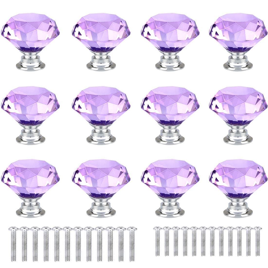 ANJUU 12 Pcs 30mm Diamond Shape Crystal Glass Cabinet Knobs with Screws Drawer Knob Pull Handle Used for Kitchen Dresser Door Cupboard Purple