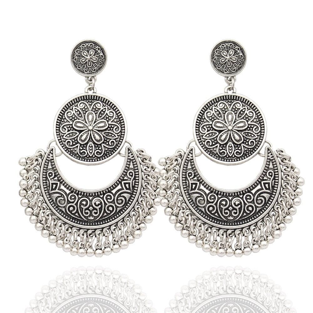 RechicGu Vintage Silver Ethnic Bali Jhumka Jhumki Lotus Mexico Gypsy Dangle Earrings Traditional Ear Studs with Gift Box