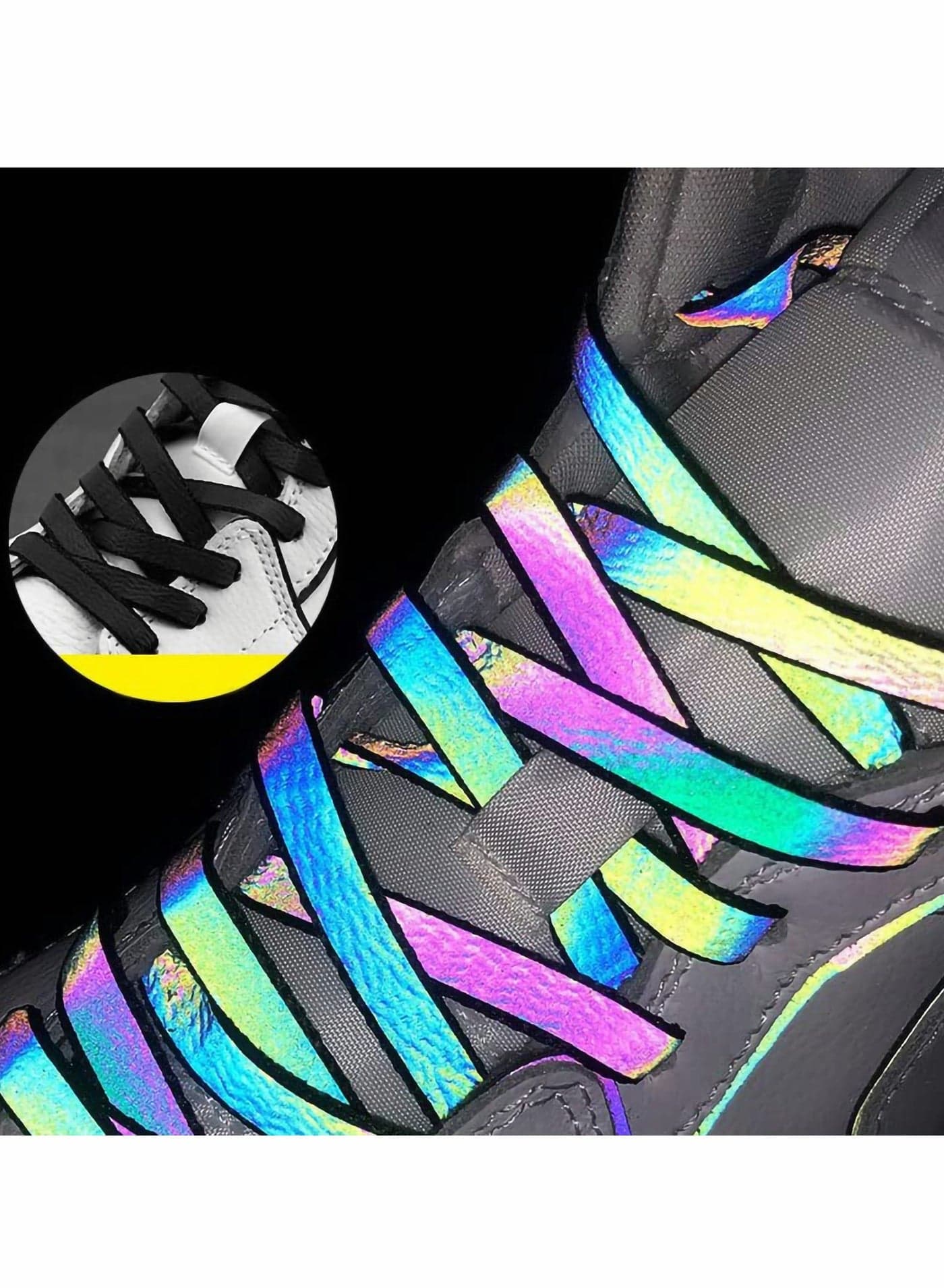 Holographic Reflective Flat Shoelaces for Sneakers - Double-Sided High-Bright, 140cm Length, Perfect for Outdoor Activities (Color: Black)