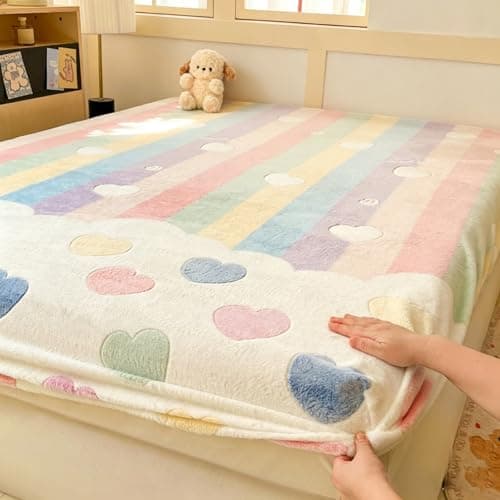MorroMorn Fleece Queen Fitted Sheet Only, Super Soft Plush Bottom Sheet with 20" Deep Pocket, Pink Kawaii Cute for Girls Kids Teen Fall Winter Spring, No Pillowcases (Rainbow Love, Queen)