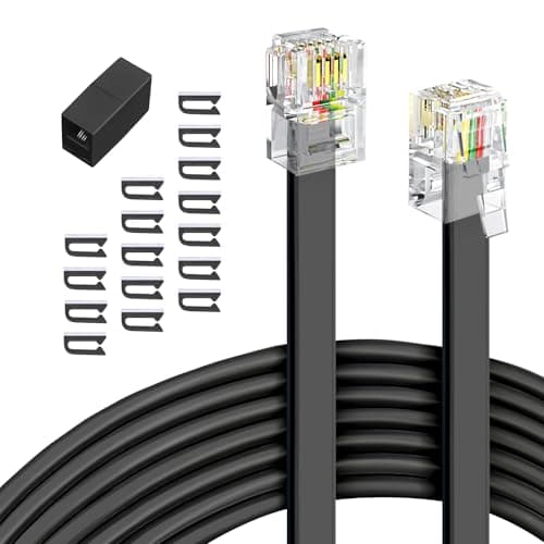 Phone Extension Cord 25 Ft, Telephone Cable with Standard RJ11 Plug and 1 in-Line Couplers and 20 Cable Clip Holders, Black