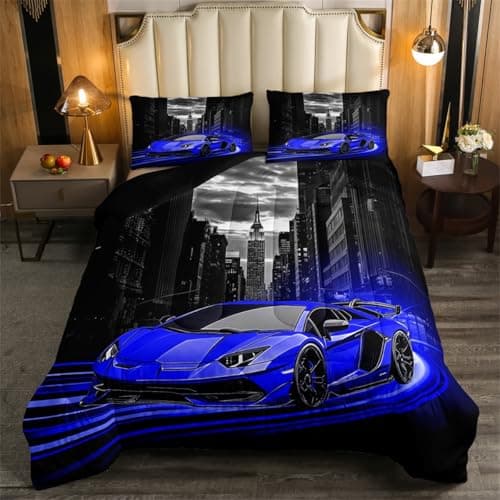 Feelyou Blue Race Car Comforter Set Twin Size Kids Speed Sports Car Bedding Set for Boys Girls Teens Racing Car Comforter Extreme Sports Street Duvet Set Gothic Modern City Quilt Set