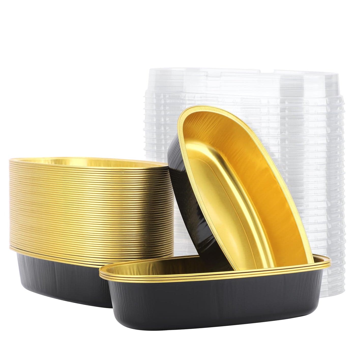 Beasea Mini Loaf Pans With Lids 6 Inch 50 Pack Oval Cake Pan Black Golden Disposable Baking Cups Ellipse Cheesecake Pan Aluminum Pans for Meat Bakeware Oven Baking