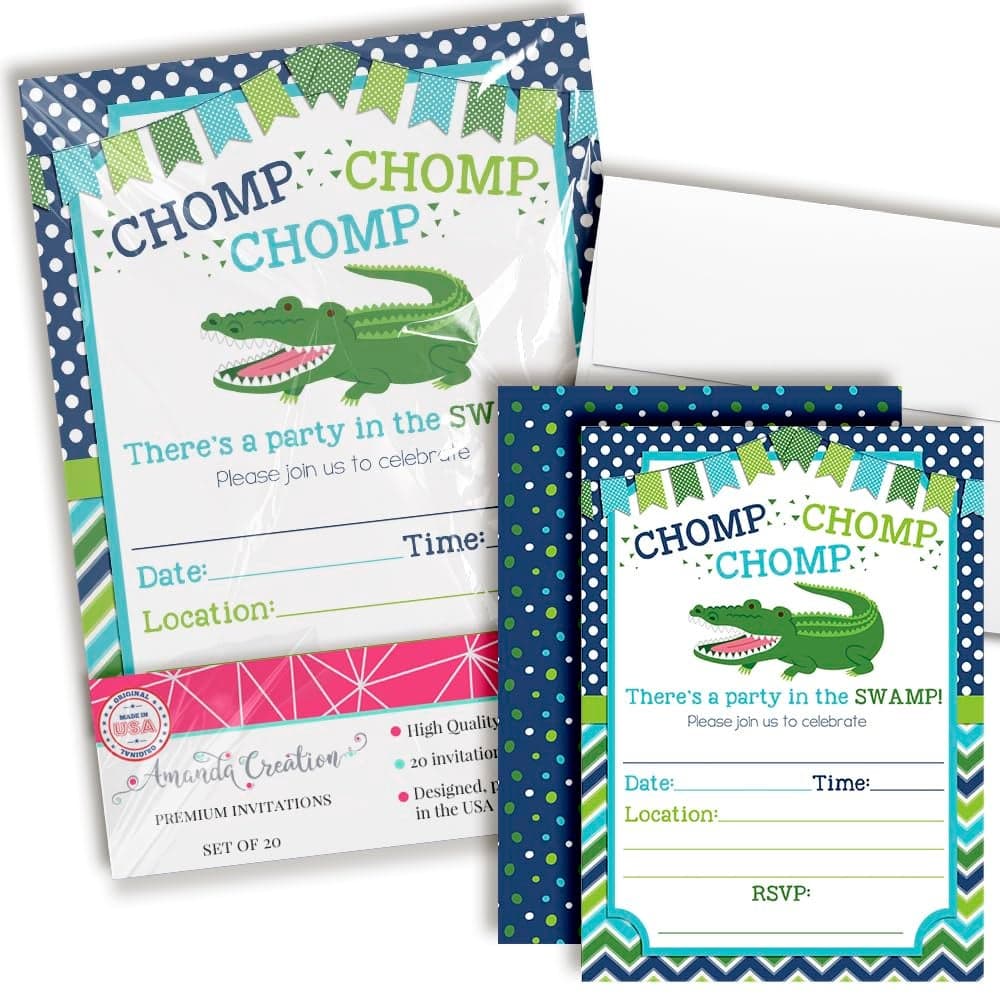 Alligator Turquoise Green Chomp in the Swamp Birthday Party Invitations for Boys 20 5x7 Fill In Cards with Twenty White Envelopes by AmandaCreation
