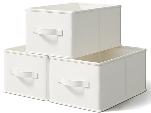 LayerSpace 3 Pack Fabric Storage Bins for Shelves | 16.25x12x10in Closet | Collapsible Bins for Organization | Linen Clothes Storage Bins | White & Ivory