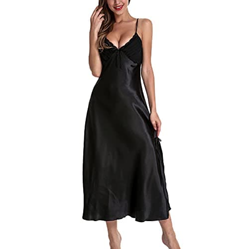 Lu's Chic Women's Satin Nightgown Dress Silk Lace Sleeveless Long Chemise Lingerie Sleepwear Black US L (Tag3XL)