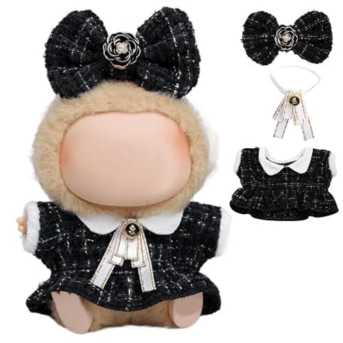 17cm Doll Clothes for labubu Luxury Chic Style Set for 17cm Dolls Premium Doll Outfit with Accessories Black Plaid Tweed Dress White Necktie Plaid Bow Clothes Only