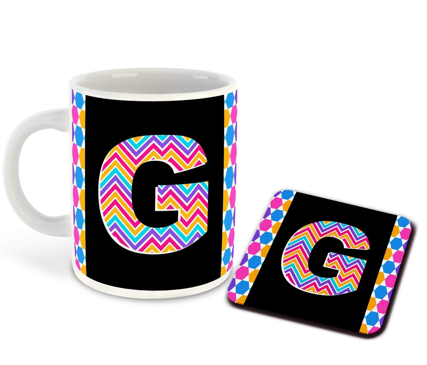 WHATS YOUR KICK - Letter G Name Initial Alphabet Inspiration Printed White Ceramic Coffee Mug with Coaster- Birthday | Anniversary | Best Gift | Hobby (Multi 7)