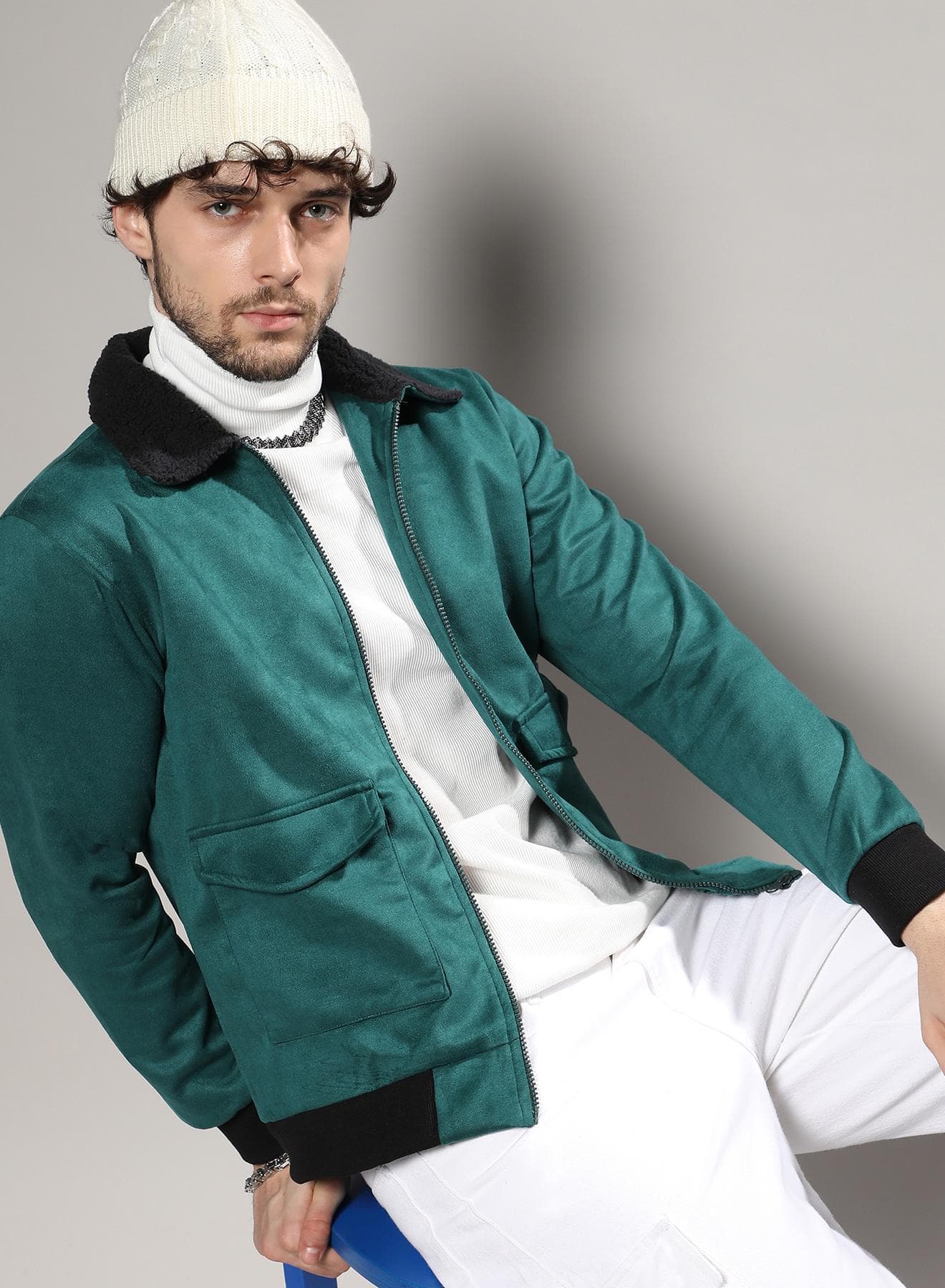 Men's Forest Green Zip-Front Jacket With Fleece Collar
