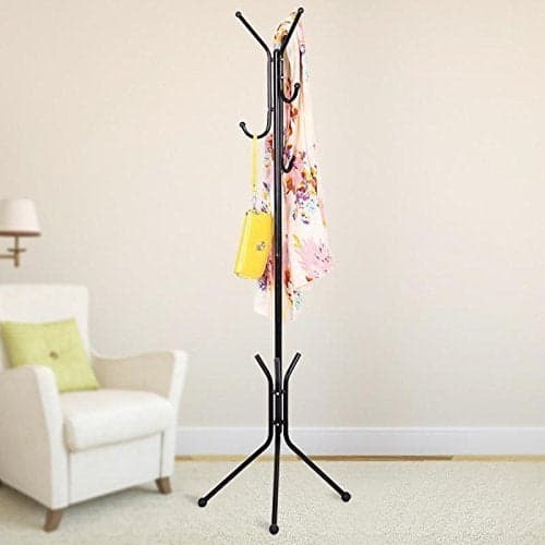 HOPz Multipurpose Curved Metal Garment Rack Clothes Rail, Alna For Clothes For Bedroom, Clothes Hanging Stand With 2 Bottom Shelves, Clothes Hanger Stand Side Hook Tower Hanging Handbag (Black)