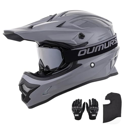 OUMURS Adult ATV Dirt Bike Helmet with Goggles Gloves & Mask Adjustable Sun Visor Motorcycle Adult Helmet Off-Road Motocross Downhill Moped MX for Unisex-Adult-Gray, M
