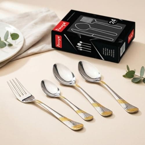 Parage 24 Pieces Stainless Steel 24k Golden Cutlery Set, Premium Cutlery Set for Home & Kitchen, 24 Karat Gold Plated Flatware for Dining (6 Pcs Each Table Spoons, Forks, Dinner Spoons & Tea Spoons)