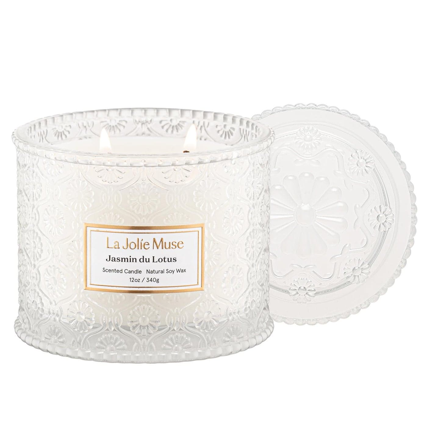 LA JOLIE MUSE Jasmin du Lotus Candle Ivy Jasmine Cedarwood 12 oz Large 2Wick Soy Wax Candle 60 Hours Clean Burn Floral Scented Candle GiftReady for Hosts Gatherings