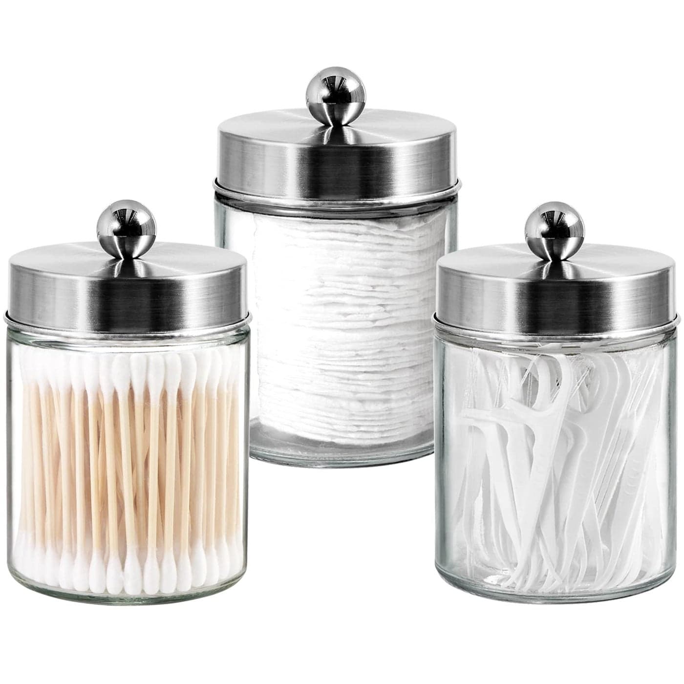 3PC Apothecary Jar Canisters Bathroom Vanity Organizer Qtip Holder Storage Countertop Stainless Steel Lids Cute Stickers for QtipsCotton SwabsMakeup SpongesFloss Brushed Nickel