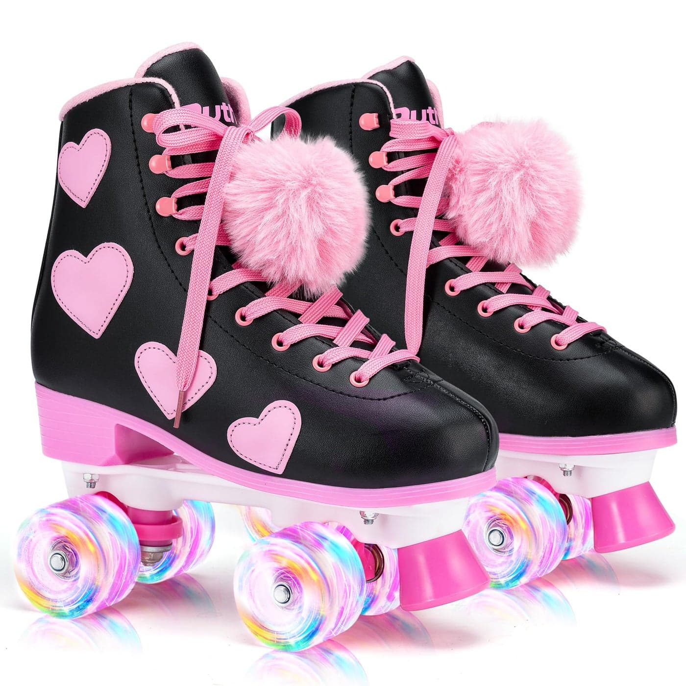 Ruthfot Womens and Girls Classic Roller Skates with Light up Wheels and Love Heart Pattern Hightop PU Leather Rollerskates