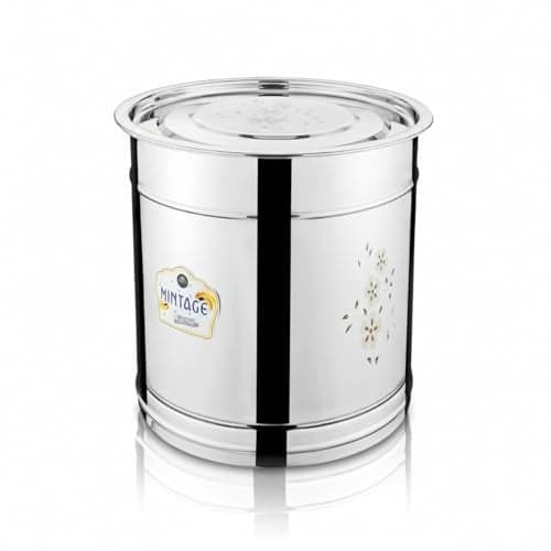 Mintage Pawali 5 Liters Stainless Steel lid Laser | Atta Drum 5kg | Water Storage Container | Rice Box Home Kitchen | Daal/Pulses Steel Dabba