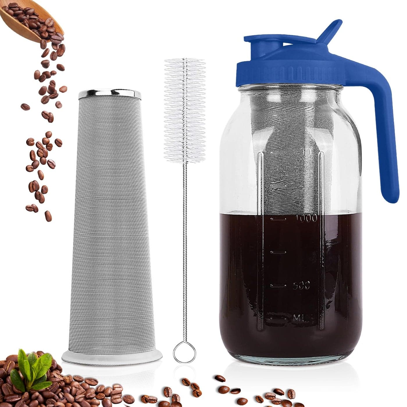 Cold Brew Coffee Maker64 oz Mason Jar Pitcher with Stainless Steel Filter Pour Spout Handle Lid Heavy Duty Glass Airtight LeakProof for Iced Coffee Tea Lemonade Blue