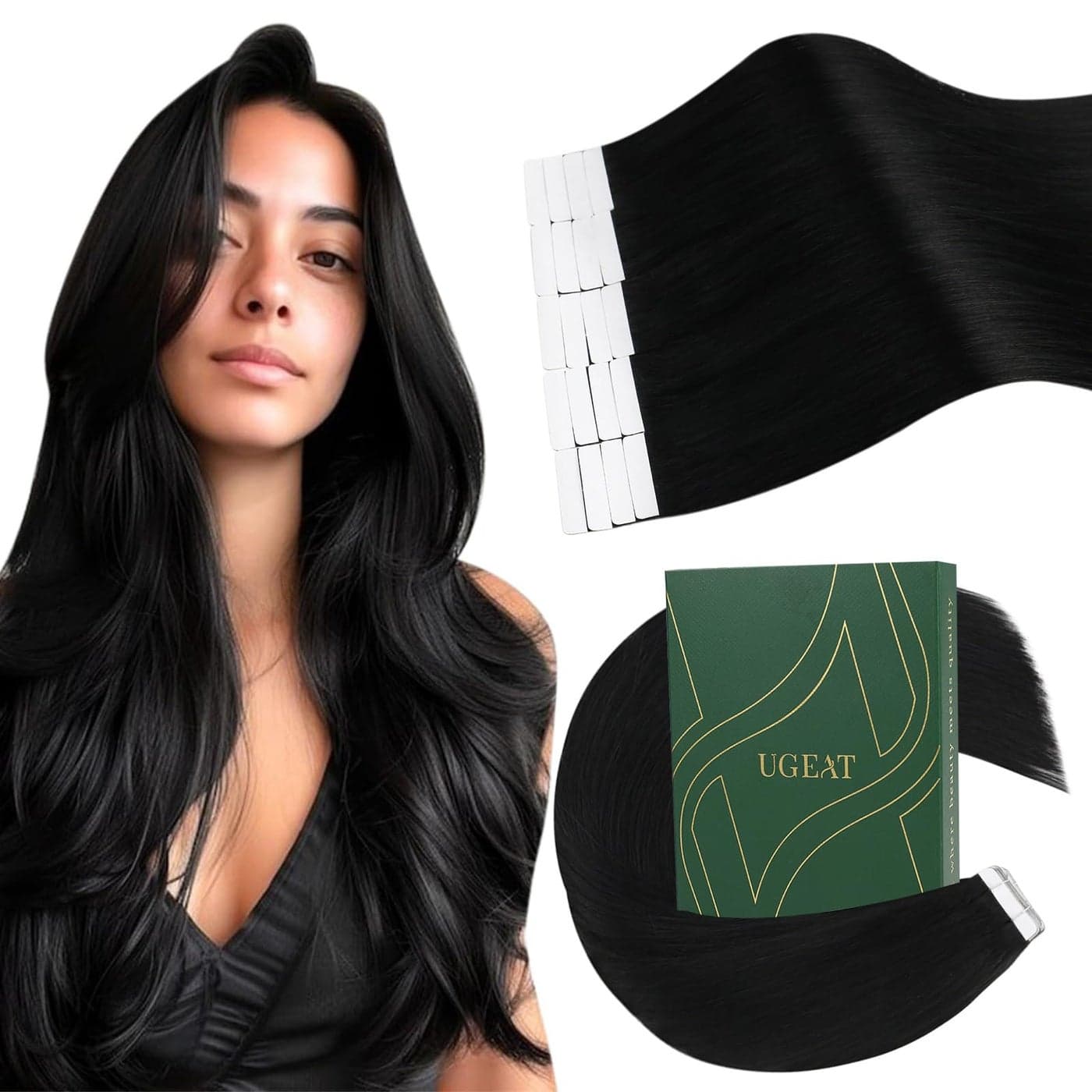 Ugeat Black Tape in Extensions Human Hair for Women 1 Invisible Tape in Hair Extensions Human Hair Jet Black Hair Extensions Seamless 20 Inch 20Pcs 50G