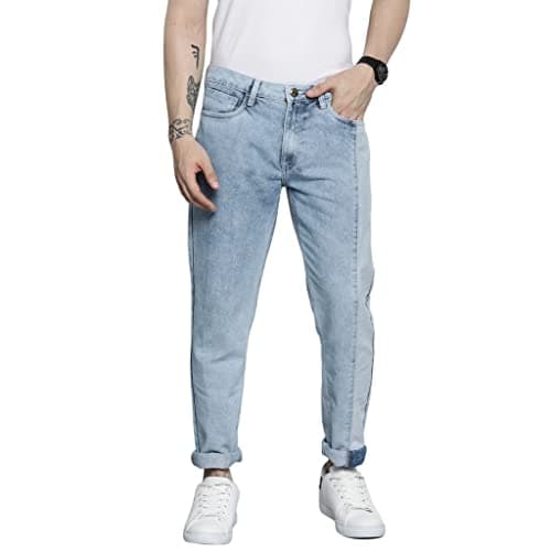 The Indian Garage Co Men Regular Fit Mid Rise Dad Fit Two Toned Jeans Blue, 32