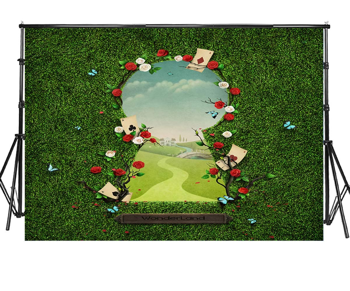 Sensfun 8x6ft Wonderland Photo Backdrop Fantasy Fairy Tale Green Grass Gate to Wonderland Photography Background for Kids Newborn Girls Birthday Cake Table Photo Booth Banner Studio Props SXY1326