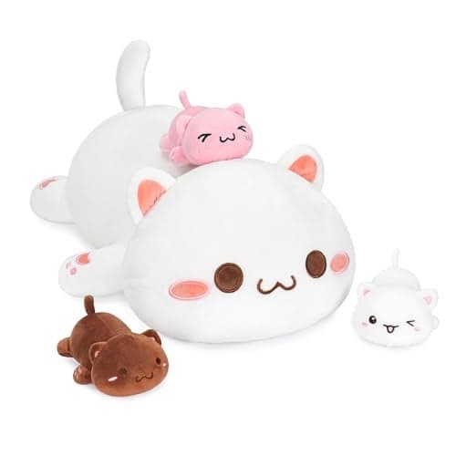 Onsoyours Cat Stuffed Animal Mommy 197 with 3 Kitty Plushies 4 Piece of Cute Cat Plush Pillow Toys for Kids Girls Boys White Cat Family