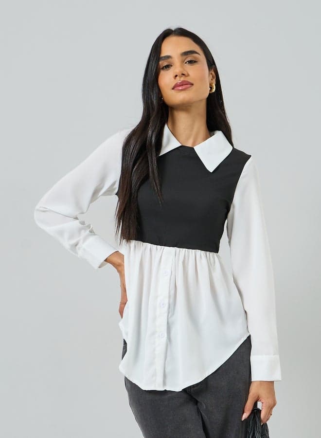 White Color Block Long Sleeve Top