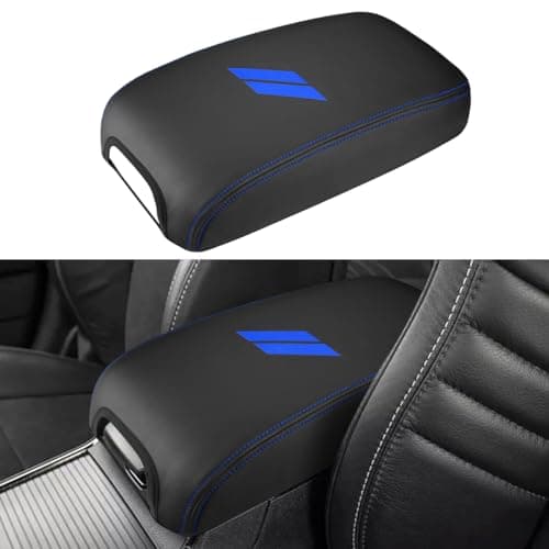 INTGET Car Center Console Cover for 2022 2021 Dodge Charger Accessories 2020 2019 2018 2017 2016 2015 Leather Armrest Cover Console Lid Protector Cushion Pad (Dark Blue Stitches, Leather)