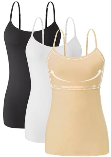 Orrpally Women Cotton Camisole Shelf Bra Cami Tank Tops Adjustable Spaghetti Strap Tank Top 3-Pack Black/White/Apricot M