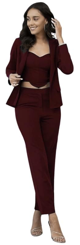 Impression Fab® Elegant Western Cord Set for Women, Professional Women's 3-Piece Business Suit Set, Blazer with Crop Top and Wide-Leg Trousers Brown