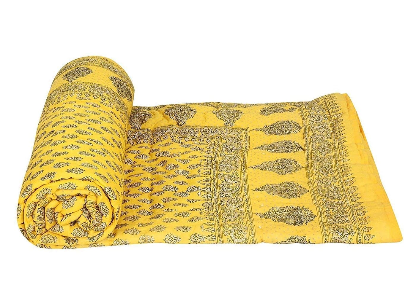 Slickcomfort Jaipuri Razai Rajasthani Traditional Hand Stitched Flower Printed Soft Lightweight Pure Cotton Winter and Summer Rajai Ac Quilt RajaiQuiltBlanket Yellow Dai Gold Single Bed