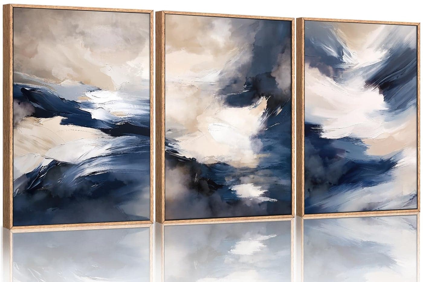 HLNIUC Blue Beige Abstract Wall Art Set of 3(16x24), Navy Brush Stroke Modern Art Decor, Earth Tone Minimalist Shape Framed Painting, Rust Dusty Neutral Prints for Living Room, Bedroom, Office