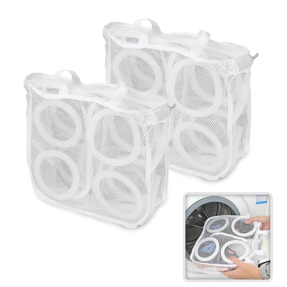 FreshDcart FDCA639 Portable Laundry Washing Bags Shoes Wash Bags With Premium Rust Free Zipper Storage Bag Store Dirty Clothes Shoes Hosiery Lingerie 38CM x 30CM x 125CM White Pack of 2