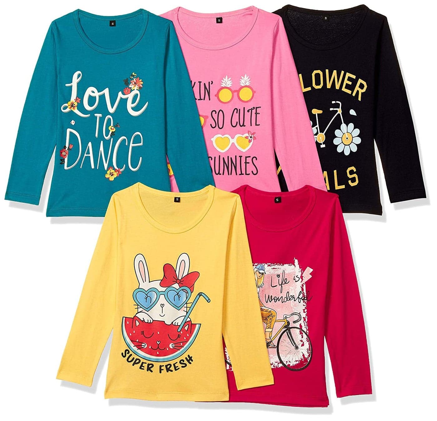 T2F Girl's Cotton Printed Regular Fit Full Sleeve T-Shirt(Pack of 5)