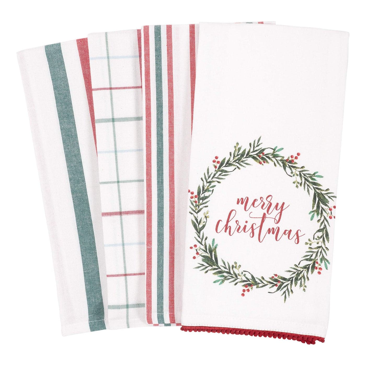KAF Home Kitchen Holiday Digitally Printed Dish Towel Set of 4 100Percent Cotton 18 x 28inch Merry Christmas Wreath