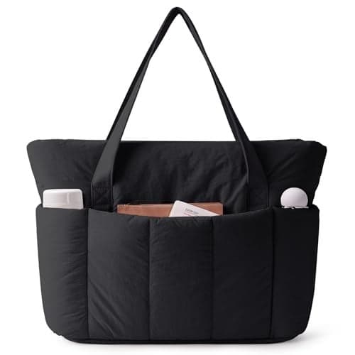 Narwey Puffer Travel Tote Bag for Women Work with Laptop Compartment, Lightweight Quilted Puffy Tote Bags with Luggage Sleeve for Carry on, College, Gym, Nurse (Black, Small)