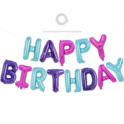 TONIFUL Happy Birthday Balloons Banner with Ribbon Straw,16 Inch Mylar Letters Birthday Sign Banner Balloon Bunting Reusable for Girls Kids & Adults Birthday Halloween Supplies(Blue Purple Pink)