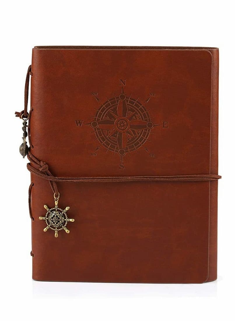 Leather Writing Journal Notebook, DIY Scrapbook Photo Album "Compass Adventure" Memories Unlined Paper, Retro Pendants, Classic Embossed Brown for Birthday Anniversary Wedding 60 Pages,