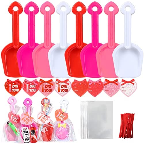 Giiffu 28PCS Valentine Plastic Shovels Toy with I DIG YOU Love Tags 28 Candy Bags with Ties for Valentines Party Favors Supplies Valentines Toys Classroom Exchange Prizes Valentines Gifts