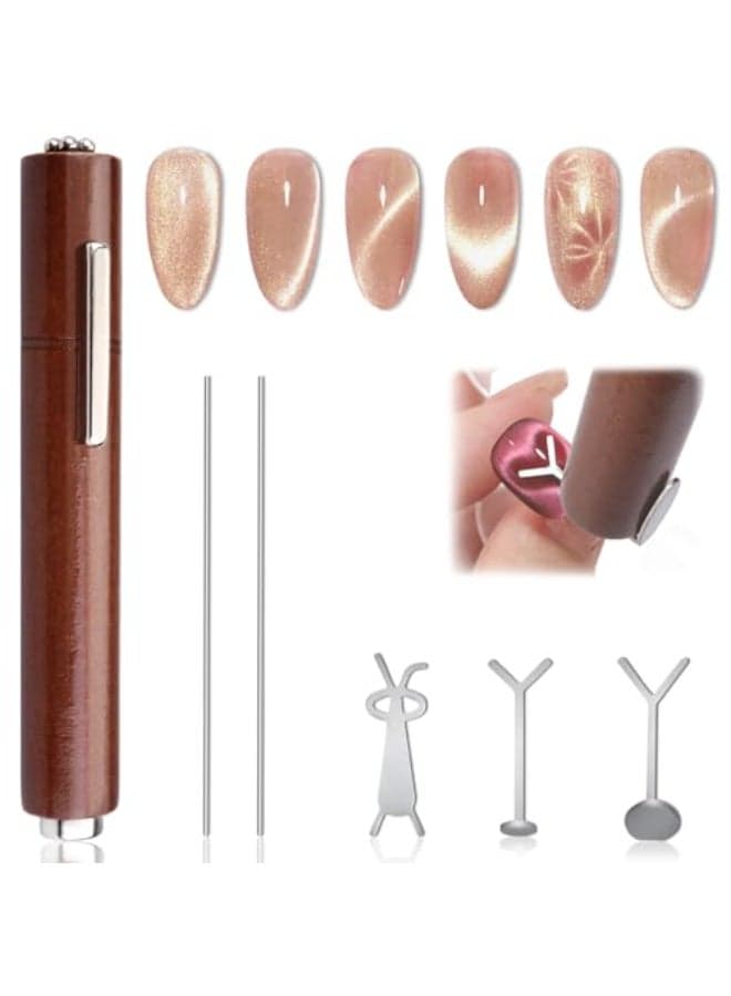 FOWSRHRG 3 in 1 Cat Eye Nail Magnet Set Multifunctional Wooden Handle Nail Magnet Heart Magnet for Nails Rabbit Shape Cat Eye Magnet for Nails Long Strip Magnets Tool for Nail Art DIY at Home