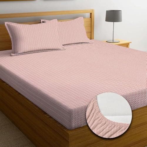 NEW LEAF Premium Cotton 210tc Elastic Fitted Bedsheets with 2 Pillow Covers | Double/King Bed with All Around Elastic Wrinklefree Supersoft Breathable |Size-78 x72+8 inches |Texture, Pink
