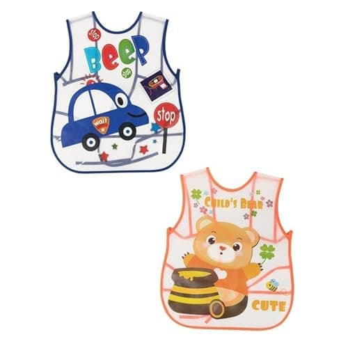 BabyGo Washable Baby Feeding Bibs | Quick-Dry Sleeveless Apron Bibs, Easy-Clean, Soft & Lightweight Meal Time Bibs with Cartoon Prints for Boys & Girls | Pack of 2 (Multicolors)