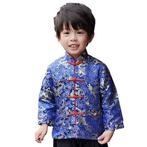 SZCQ Little Boys Dragon Tang Coat Long Sleeve Chinese Clothing Children Costumes Boy Jackets Outfit Tops (Blue, 4)