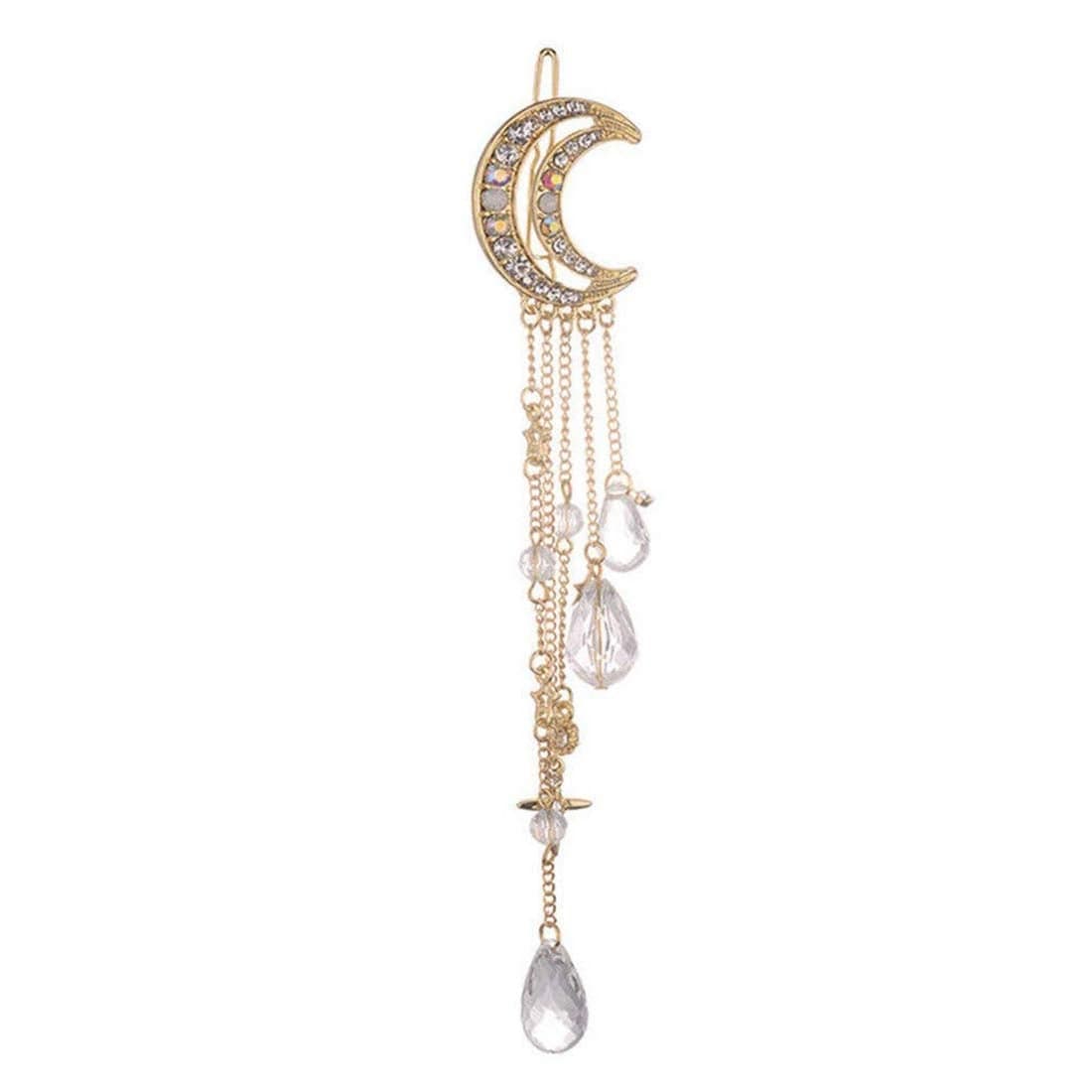 Romantic Crescent Moon Star Crystal Dangle Hairpin Rhinestone Beads Hair Clips Bridal Jewelry Tassel Drop Hair Pins Bobby Pins For Women Girls Hair Accessories Gold