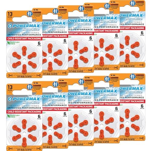 Powermax Size 13 Hearing Aid Batteries, 60 Count Long-Lasting Battery Pack, Orange Long Tab for Easy Change