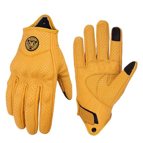 mjmoto Men's Vintage Perforated Goat Leather Motorcycle Gloves, Hard Knuckle Summer Riding Gear (Yellow-Hole, Large)