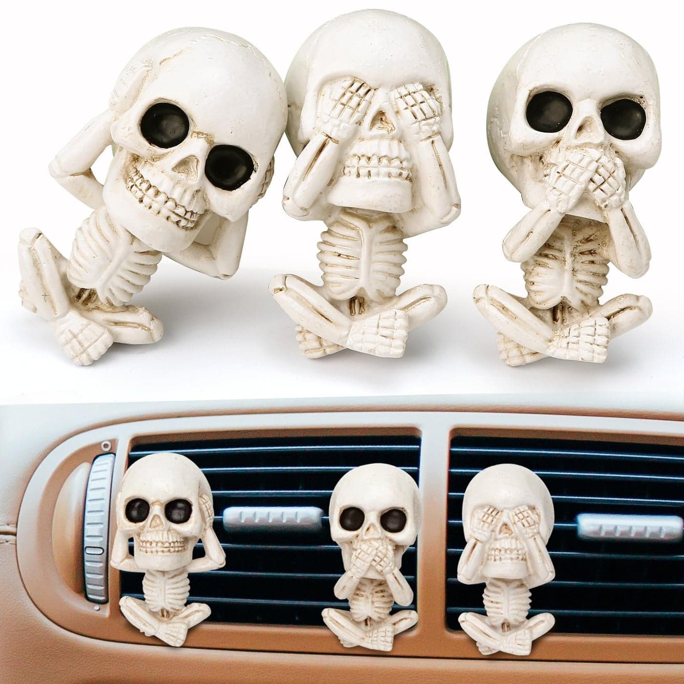 Set of 3 Evil Skull Car Air Fresheners Vent Clips Hear No Evil See No Evil Speak No Evil Trio Statue Goth Automotive Interior Aesthetic Decorations with Car Scent Freshener 3 Piece Assortment