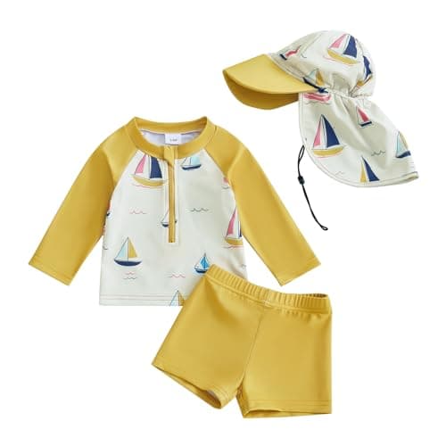 DuAnyozu Baby Boys Swimsuit Long Sleeve Rash Guard Swimwear Baby Boy Swim Trunk with Hat Toddler 4th of July Bathing Suit (Sailboat-Yellow, 6-12 Months)