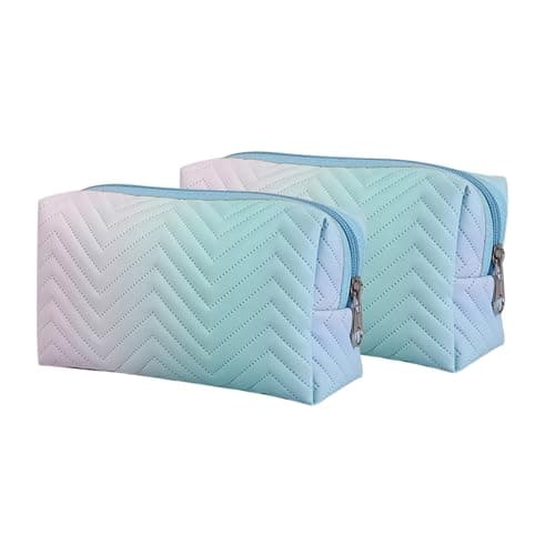 Gowloz Quilted Rainbow Cosmetic Makeup Bag | Premium PU Leather Travel Organizer Pouch with Zipper | Waterproof Toiletry & Beauty Storage Bag for Women & Girls (Pack of 2)